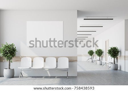 White hospital corridor with doors and white chairs for patients waiting for the doctor visit. A poster. 3d rendering mock up Imagine de stoc © 