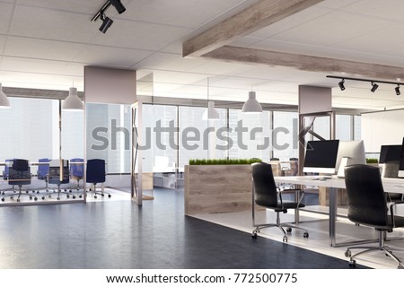 Blank screen computer on a wooden office desk in a room with panoramic windows. Side view. 3d rendering mock up 商業照片 © 