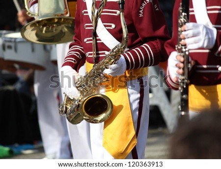 STAMFORD, CT - NOVEMBER 18: A saxophone in the music band in the UBS Parade Spectacular on November 18, 2012 in Stamford, CT