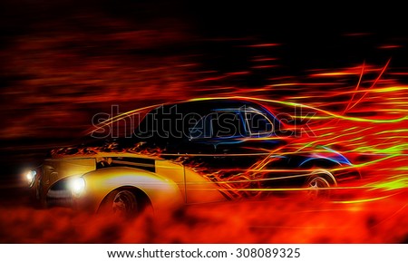classic hot rod speeding through the night depiction
