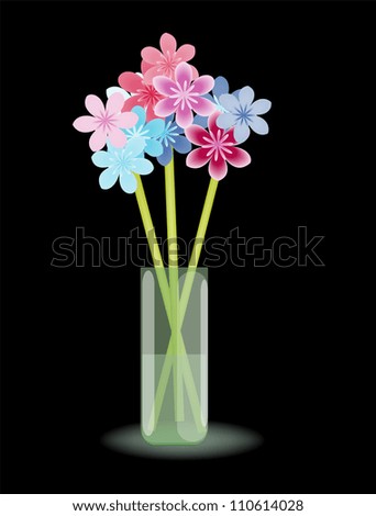 Multicolored stylized flowers in vase with water