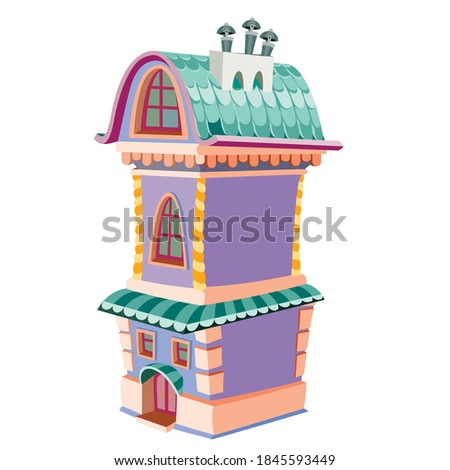 cute purple two-story house with three chimneys, cartoon illustration, isolated object on white background, vector, eps