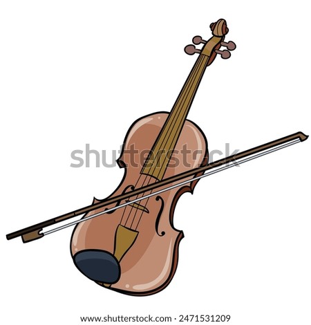 cartoon illustration of a violin with its bow. The violin features four strings, a tailpiece, chin rest, f-holes, tuning pegs, and a bridge. The bow is placed diagonally across the violin. 