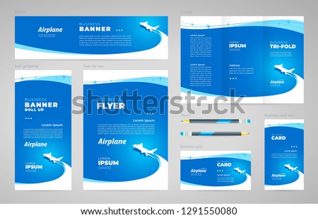 Airplane flight transportation theme Set flyer cover, tri-fold, banner, roll up banner, business card blue color