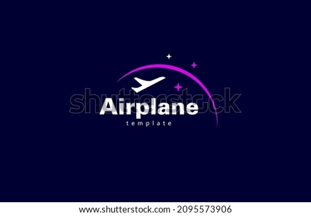 Airplane logo horizon and stars. Icon plane silhouette and curved