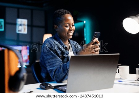 Similar – Image, Stock Photo African American lady using laptop in library to music