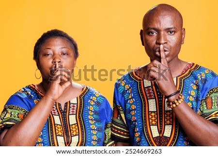 Similar – Image, Stock Photo Ethnic woman showing silence gesture in field