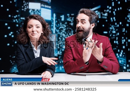 Similar – Image, Stock Photo Content woman with USA flag standing on road