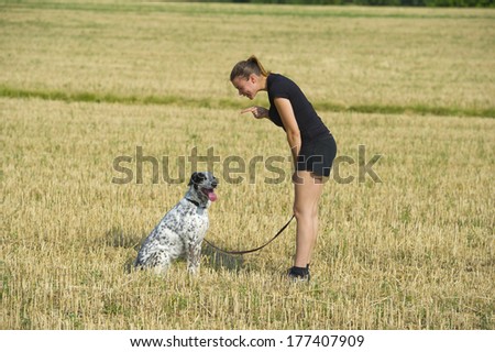 Leash dog obeys orders of his owner