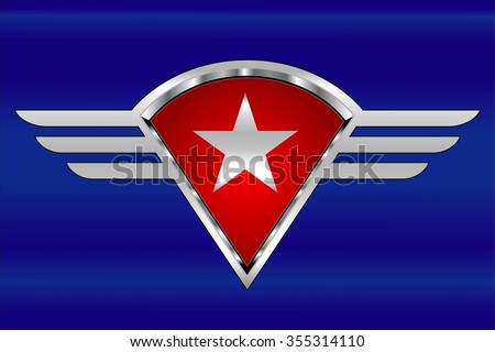 white star on the winged shield. star and wings. star, shield and stripes. white star, red shield and silver stripes over the glowing blue background. Wings with the star and stripes. Patriotic wings.