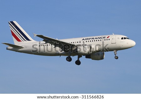 AMSTERDAM, NETHERLANDS - August 9, 2015: Air France, Airbus A319 aircraft landing at Schipol International Airport, The Netherlands