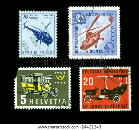 Postage Stamps transportation theme from around the world isolated on black