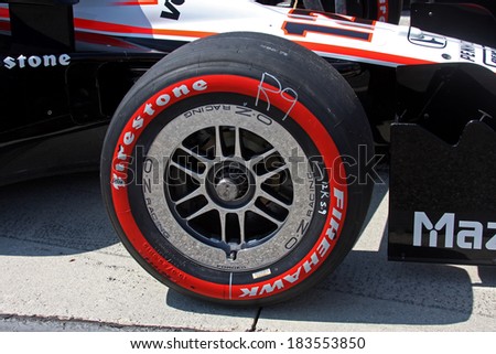 Birmingham Alabama USA - April 10, 2011: Firestone Racing tire, official tire of Indycar. Red sidewall soft compound