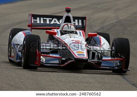 Milwaukee Wisconsin, USA - August 16, 2014: Verizon Indycar Series Indyfest ABC 250 Practice and Qualifying sessions on track action. Helio Castroneves Sao Paulo, Brazil Hitachi Team Penske