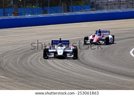 Milwaukee Wisconsin, USA - August 17, 2014: Verizon Indycar Series Indyfest ABC 250  race day on track action. 7 Mikhail Aleshin (R) Moscow, Russia SMP Racing Honda Schmidt Peterson Motorsports