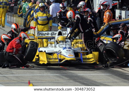 Milwaukee Wisconsin, USA - July 12, 2015: Verizon Indycar Series Indyfest ABC 250 at the Milwaukee Mile. Pit Stop Action Simon Pagenaud of Montmorillon, France Penske Truck Rental Chevrolet