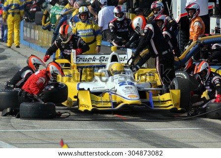 Milwaukee Wisconsin, USA - July 12, 2015: Verizon Indycar Series Indyfest ABC 250 at the Milwaukee Mile. Pit Stop Action Simon Pagenaud of Montmorillon, France Penske Truck Rental Chevrolet