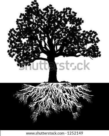 Vector silhouette graphic depicting a tree and roots (concept: growth or development)