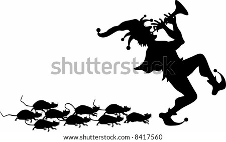 vector silhouette graphic depicting the pied piper leading a pack of rats