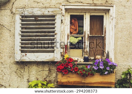 Window lined with flowers, sea shells, kettle and clothes