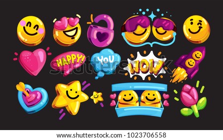 Smiley face vector icon set. Youth cartoon stickers for lovers and friends against a dark background