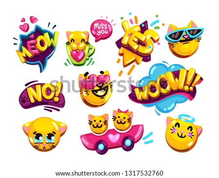 funny emoji set cats and inscriptions wow, yes, no, meow, miss you