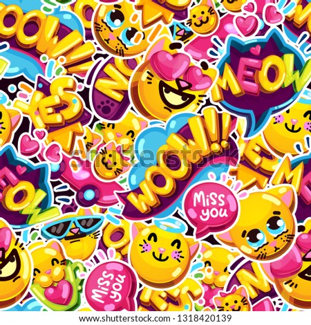 seamless pattern emoji cat and speech bubbles stickers 