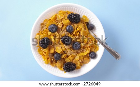 Whole grain cereal with blueberries and blackberries on a cheerful blue background.