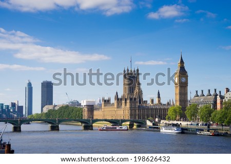 The Palace of Westminster Big Ben at sunny day, London, England, UK