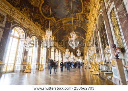 PARIS, FRANCE JANUARY 15, 2015:  Hall of Mirrors, interior of Versailles palace, France.