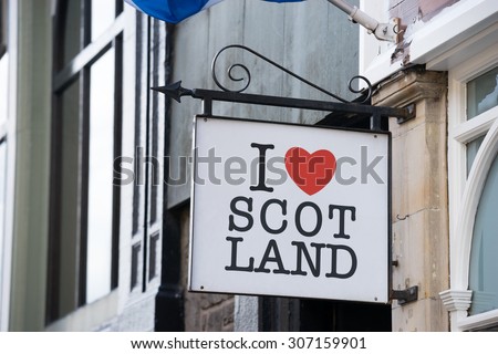 EDINBURGH, SCOTLAND, UK - 15 JULY 2015: I love Scotland souvenir shop, the famous & landmark sign in Edinburgh, Scotland, UK