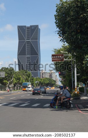 KAOHSIUNG, TAIWAN - JULY 11, 2014: The modern building at Chenggong 2nd road. Kaohsiung,Taiwan. JULY 11, 2014