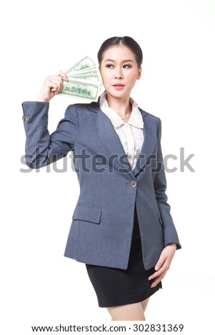 asian business women hold US dollar bank note in hand. shot on white background