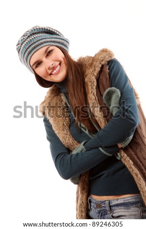 teen girl beautiful cheerful winter Christmas isolated on white background