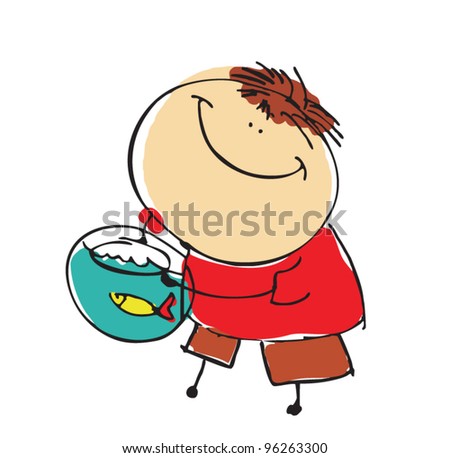 boy child holding aquarium with fish - cartoon people vector illustration set