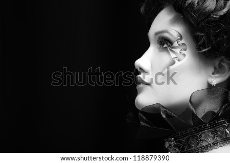woman beautiful halloween vampire baroque aristocrat over black background