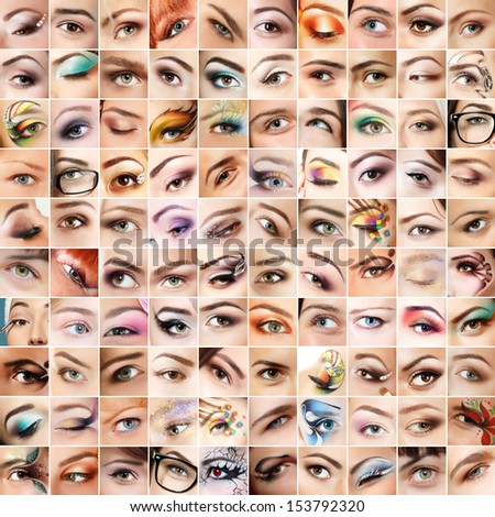 Eyes 100 set. Collage of beautiful female eyes with makeup. Isolated over white background