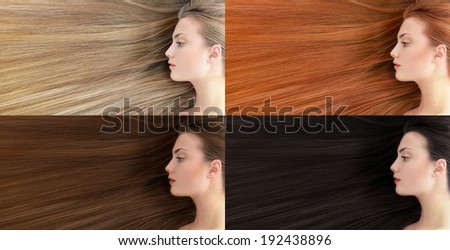 Set of different hair color. Beautiful young woman with  long healthy hair colored in blonde, red, brown and black.