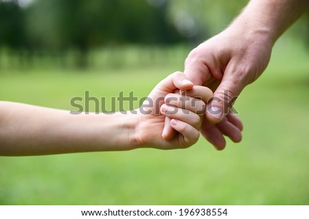 Family, father and child son hands over green summer nature outdoor. Trust and help concept. Toned.