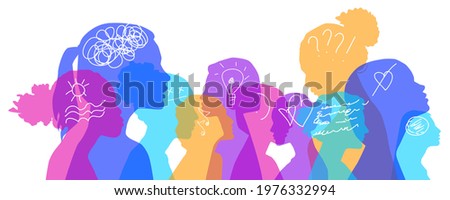 Multiethnic women with different thoughts in their heads, vector illustration. Female faces of diverse cultures in propfile thinking positive and negative ideas