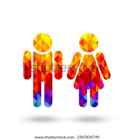 Man and woman icon makes of bright multicolored low poly triangles, contemporary design, vector illustration