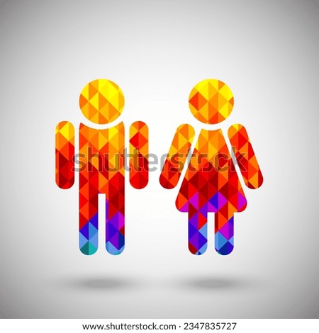 Man and woman icon makes of bright multicolored low poly triangles over gray background, contemporary design, vector illustration