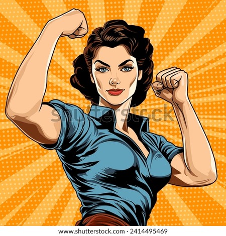 Woman shows her biceps, demonstrating her feminine strength. Gender equality concept. Vector illustration in comic style