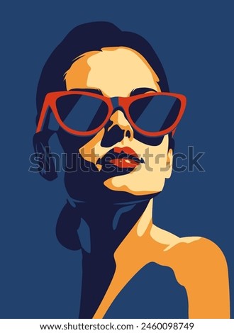 Fashionable girl. Young beautiful fashion woman with sunglasses Abstract female portrait, contemporary design, vector illustration drawing in five colors