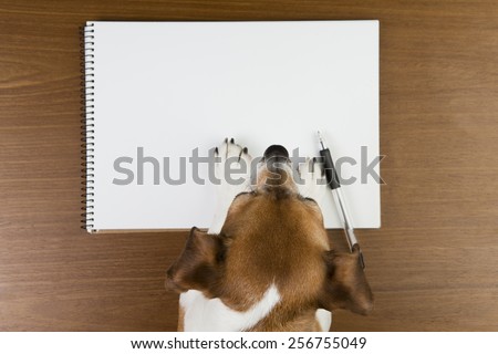 Little cute dog leaned over white sketch book. Empty space you can put your information