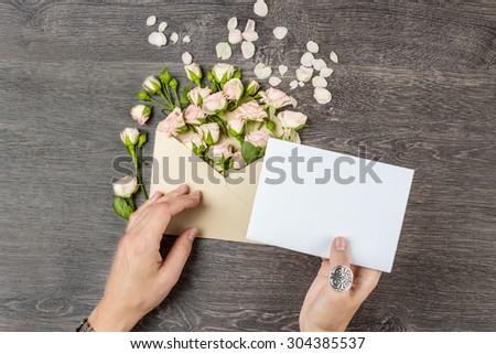Love letter with roses. Empty space for your text. Top view