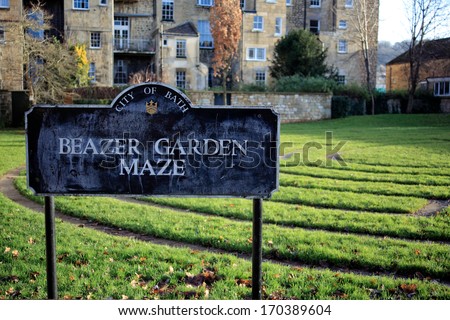 Beazer Garden Maze sign by the river Avon in Bath, Somerset, UK