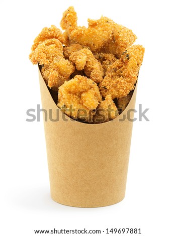 deep fried chicken in a paper box on white background