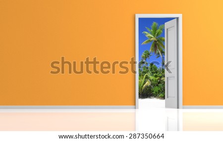 orange wall and white door open on a tropical landscape