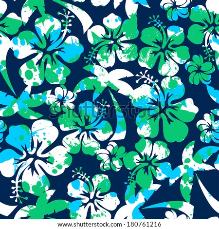 Hibiscus and palm seamless pattern on a navy background.